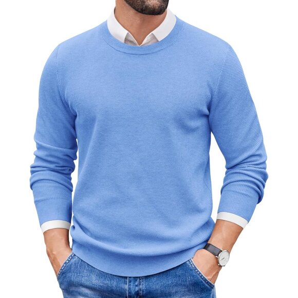 Men's Crewneck Sweater Dress Long Sleeve Pullover Sweater Knit Sweaters Blue - Picture 1 of 6